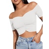 image:imageLYANER Womens Off Shoulder Ruched Short Sleeve Rib Knit Sexy Crop Top BlousePure White