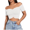 image:imageLYANER Womens Off Shoulder Ruched Short Sleeve Rib Knit Sexy Crop Top BlousePure White