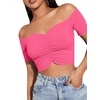 image:imageLYANER Womens Off Shoulder Ruched Short Sleeve Rib Knit Sexy Crop Top BlouseRose Pink