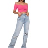 image:imageLYANER Womens Off Shoulder Ruched Short Sleeve Rib Knit Sexy Crop Top BlouseRose Pink