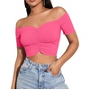 image:imageLYANER Womens Off Shoulder Ruched Short Sleeve Rib Knit Sexy Crop Top BlouseRose Pink
