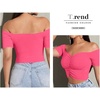 image:imageLYANER Womens Off Shoulder Ruched Short Sleeve Rib Knit Sexy Crop Top BlouseRose Pink