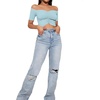 image:imageLYANER Womens Off Shoulder Ruched Short Sleeve Rib Knit Sexy Crop Top BlouseSky Blue