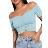 image:imageLYANER Womens Off Shoulder Ruched Short Sleeve Rib Knit Sexy Crop Top BlouseSky Blue