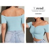 image:imageLYANER Womens Off Shoulder Ruched Short Sleeve Rib Knit Sexy Crop Top BlouseSky Blue