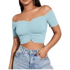 image:imageLYANER Womens Off Shoulder Ruched Short Sleeve Rib Knit Sexy Crop Top BlouseSky Blue