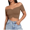 image:imageLYANER Womens Off Shoulder Ruched Short Sleeve Rib Knit Sexy Crop Top BlouseSolid Khaki
