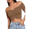 image:imageLYANER Womens Off Shoulder Ruched Short Sleeve Rib Knit Sexy Crop Top BlouseSolid Khaki