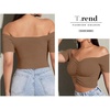 image:imageLYANER Womens Off Shoulder Ruched Short Sleeve Rib Knit Sexy Crop Top BlouseSolid Khaki