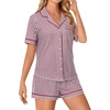 image:imageLYANER Womens Pajama Sets Striped Button Down Pj Set Sleepwear Shirt and Shorts Two Piece Lounge SetsRed