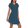 image:imageLYANER Womens Pleated Waist Collar V Neck Button Down Short Sleeve Mini Short Shirt DressTeal Blue