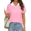 image:imageLYANER Womens Polo Shirt Collared V Neck Short Sleeve Color Block Loose Fit Casual Blouse TopsPink