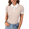 image:imageLYANER Womens Polo Shirts Short Sleeve Business Casual V Neck Collared Button Fitted TopsBeige