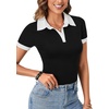 image:imageLYANER Womens Polo Shirts Short Sleeve Business Casual V Neck Collared Button Fitted TopsBlack