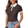 image:imageLYANER Womens Polo Shirts Short Sleeve Business Casual V Neck Collared Button Fitted TopsChocolate