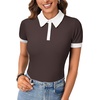 image:imageLYANER Womens Polo Shirts Short Sleeve Business Casual V Neck Collared Button Fitted TopsChocolate