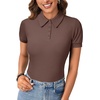 image:imageLYANER Womens Polo Shirts Short Sleeve Business Casual V Neck Collared Button Fitted TopsSolid Brown