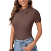 image:imageLYANER Womens Polo Shirts Short Sleeve Business Casual V Neck Collared Button Fitted TopsSolid Brown