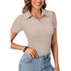 image:imageLYANER Womens Polo Shirts Short Sleeve Business Casual V Neck Collared Button Fitted TopsSolid Khaki