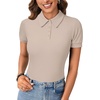 image:imageLYANER Womens Polo Shirts Short Sleeve Business Casual V Neck Collared Button Fitted TopsSolid Khaki