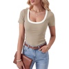 image:imageLYANER Womens Ribbed Knit Tee Slim Fit Scoop Neck Short Sleeve Top for Basic Casual TShirtKhaki