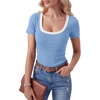 image:imageLYANER Womens Ribbed Knit Tee Slim Fit Scoop Neck Short Sleeve Top for Basic Casual TShirtLight Blue