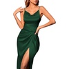 image:imageLYANER Womens Satin Cowl Neck Sleeveless Split Ruch Strap Sexy Cocktail Midi DressDark Green