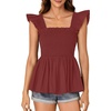 image:imageLYANER Womens Square Neck Ruffle Cap Short Sleeve Smocked Summer Peplum Top Babydoll Flowy Blouse TankBurgundy