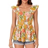 image:imageLYANER Womens Square Neck Ruffle Cap Short Sleeve Smocked Summer Peplum Top Babydoll Flowy Blouse TankFloral Yellow
