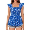 image:imageLYANER Womens Square Neck Ruffle Cap Short Sleeve Smocked Summer Peplum Top Babydoll Flowy Blouse TankPrinter Royal Blue