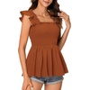image:imageLYANER Womens Square Neck Ruffle Cap Short Sleeve Smocked Summer Peplum Top Babydoll Flowy Blouse TankSolid Caramel