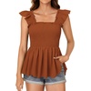 image:imageLYANER Womens Square Neck Ruffle Cap Short Sleeve Smocked Summer Peplum Top Babydoll Flowy Blouse TankSolid Caramel