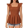 image:imageLYANER Womens Square Neck Ruffle Cap Short Sleeve Smocked Summer Peplum Top Babydoll Flowy Blouse TankSolid Caramel