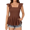 image:imageLYANER Womens Square Neck Ruffle Cap Short Sleeve Smocked Summer Peplum Top Babydoll Flowy Blouse TankSolid Dark Brown
