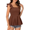 image:imageLYANER Womens Square Neck Ruffle Cap Short Sleeve Smocked Summer Peplum Top Babydoll Flowy Blouse TankSolid Dark Brown