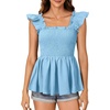 image:imageLYANER Womens Square Neck Ruffle Cap Short Sleeve Smocked Summer Peplum Top Babydoll Flowy Blouse TankSolid Light Blue