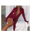 image:imageLYANER Womens Stain Deep V Neck Button Down Tie Front Long Sleeve Mini Short DressBurgundy