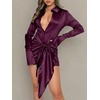 image:imageLYANER Womens Stain Deep V Neck Button Down Tie Front Long Sleeve Mini Short DressDark Purple