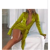 image:imageLYANER Womens Stain Deep V Neck Button Down Tie Front Long Sleeve Mini Short DressOlive Green