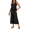 image:imageLYANER Womens Summer 2 Piece Outfits Peplum Ruffle Sleeveless Babydoll Tank Top Capri Wide Leg Pants SetSolid Black