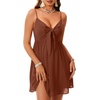 image:imageLYANER Womens Summer Sexy V Neck Spaghetti Strap Dress Ruched Tie Knot Front Short Flowy Mini DressesDark Brown