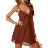 image:imageLYANER Womens Summer Sexy V Neck Spaghetti Strap Dress Ruched Tie Knot Front Short Flowy Mini DressesDark Brown