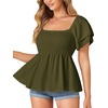 image:imageLYANER Womens Summer Smocked Peplum Top Square Neck Short Sleeve Ruffle Hem Blouse Babydoll ShirtArmy Green