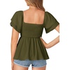image:imageLYANER Womens Summer Smocked Peplum Top Square Neck Short Sleeve Ruffle Hem Blouse Babydoll ShirtArmy Green