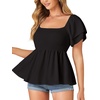 image:imageLYANER Womens Summer Smocked Peplum Top Square Neck Short Sleeve Ruffle Hem Blouse Babydoll ShirtBlack