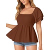 image:imageLYANER Womens Summer Smocked Peplum Top Square Neck Short Sleeve Ruffle Hem Blouse Babydoll ShirtBrown