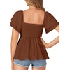 image:imageLYANER Womens Summer Smocked Peplum Top Square Neck Short Sleeve Ruffle Hem Blouse Babydoll ShirtBrown