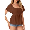 image:imageLYANER Womens Summer Smocked Peplum Top Square Neck Short Sleeve Ruffle Hem Blouse Babydoll ShirtBrown
