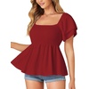 image:imageLYANER Womens Summer Smocked Peplum Top Square Neck Short Sleeve Ruffle Hem Blouse Babydoll ShirtBurgundy