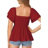 image:imageLYANER Womens Summer Smocked Peplum Top Square Neck Short Sleeve Ruffle Hem Blouse Babydoll ShirtBurgundy